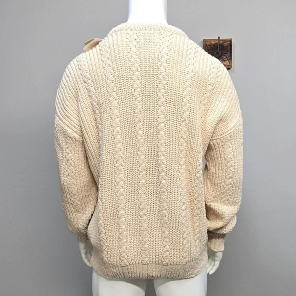 Vintage 80s Mens Cable Knit Sweater XL Cream Cotton Made in USA Chunky Fisherman
